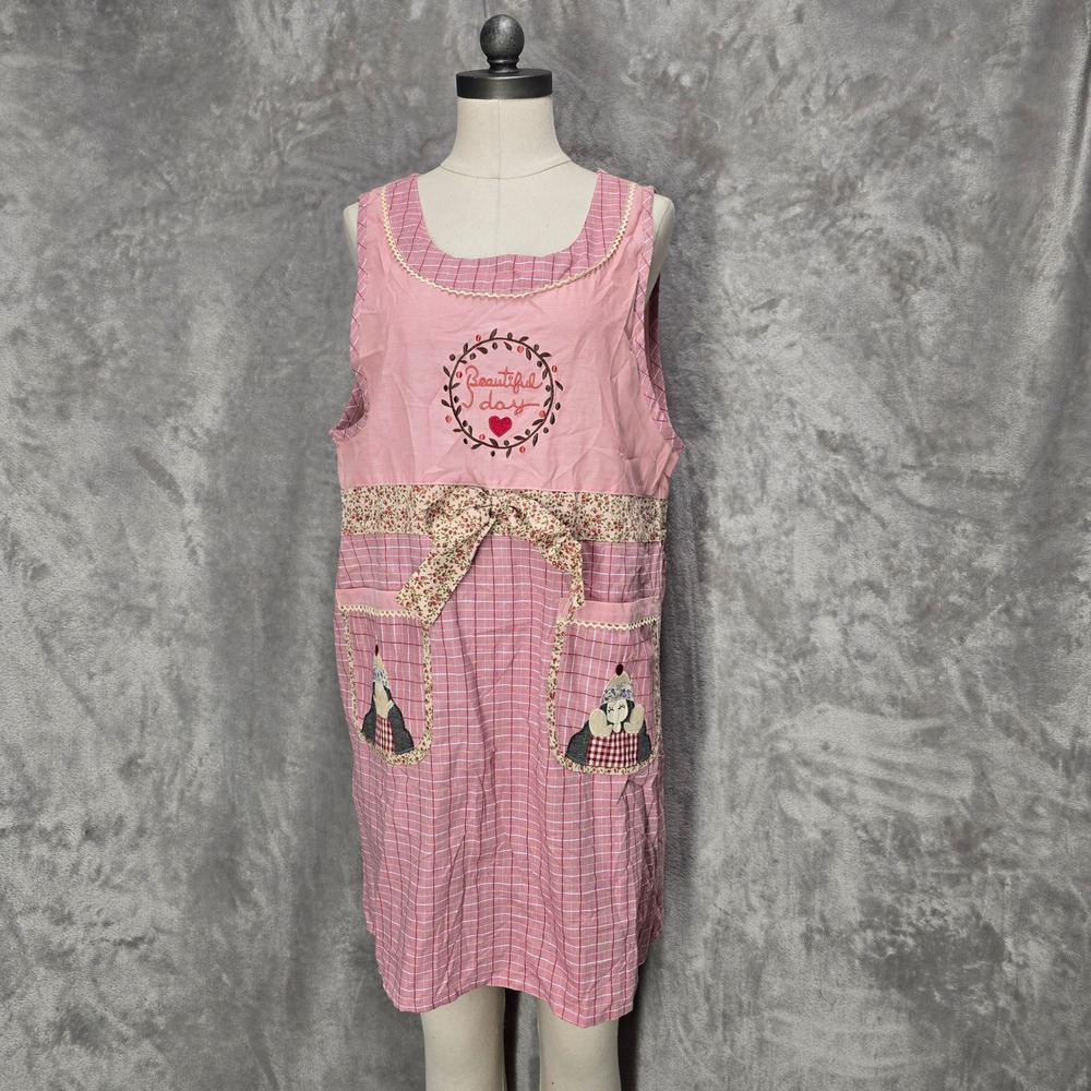 KC Trading Co Apron Women One Size Pink Gingham Embroidered Beautiful Day Kawaii - Picture 1 of 16